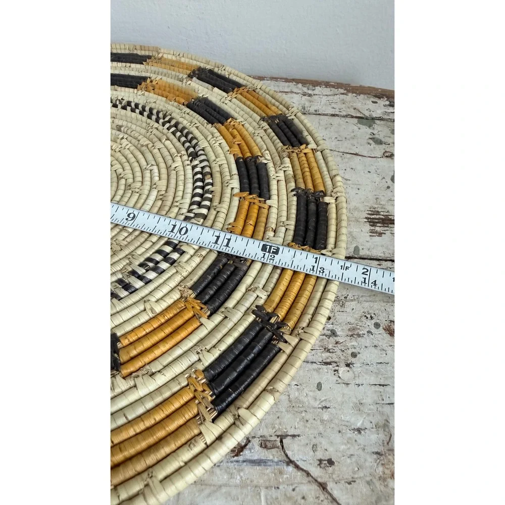 Handwoven Geometric Wicker Trivet Hot Pad Tray Black Yellow 13.5 Inch